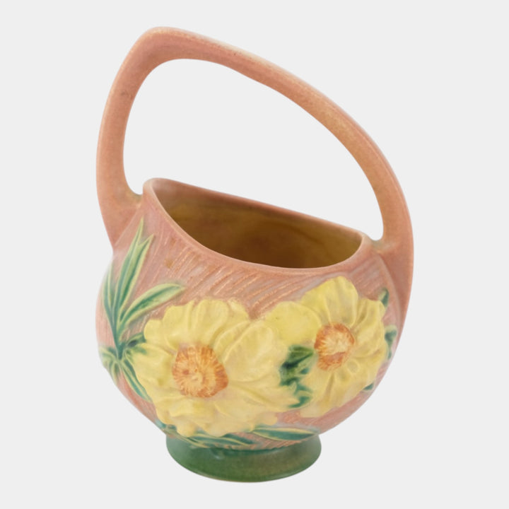 Roseville Peony Pink 1942 Vintage Art Pottery Ceramic Basket 376-7 - Just Art Pottery