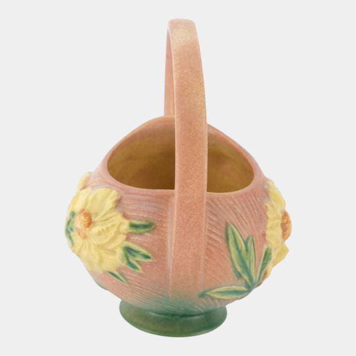 Roseville Peony Pink 1942 Vintage Art Pottery Ceramic Basket 376-7 - Just Art Pottery