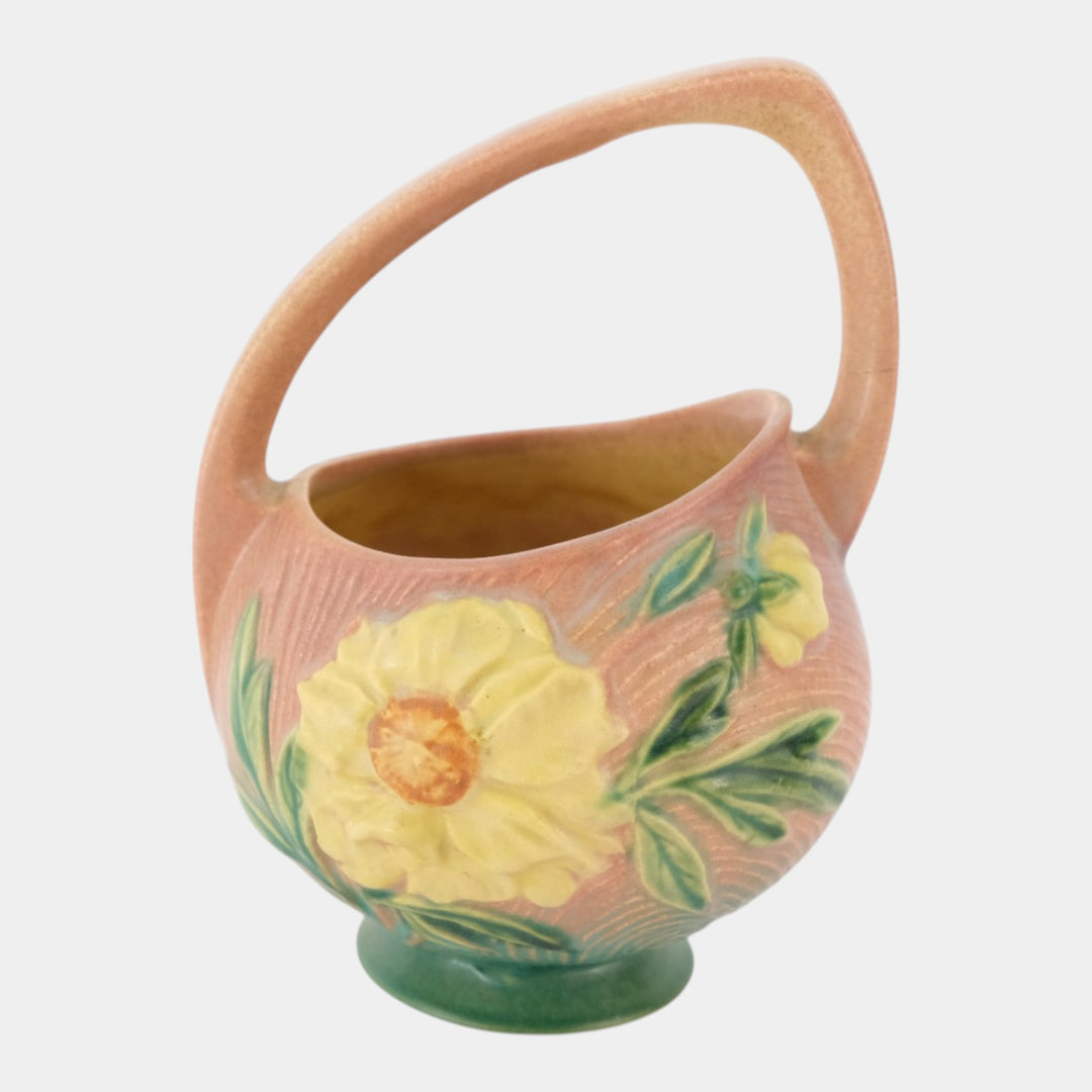 Roseville Peony Pink 1942 Vintage Art Pottery Ceramic Basket 376-7 - Just Art Pottery