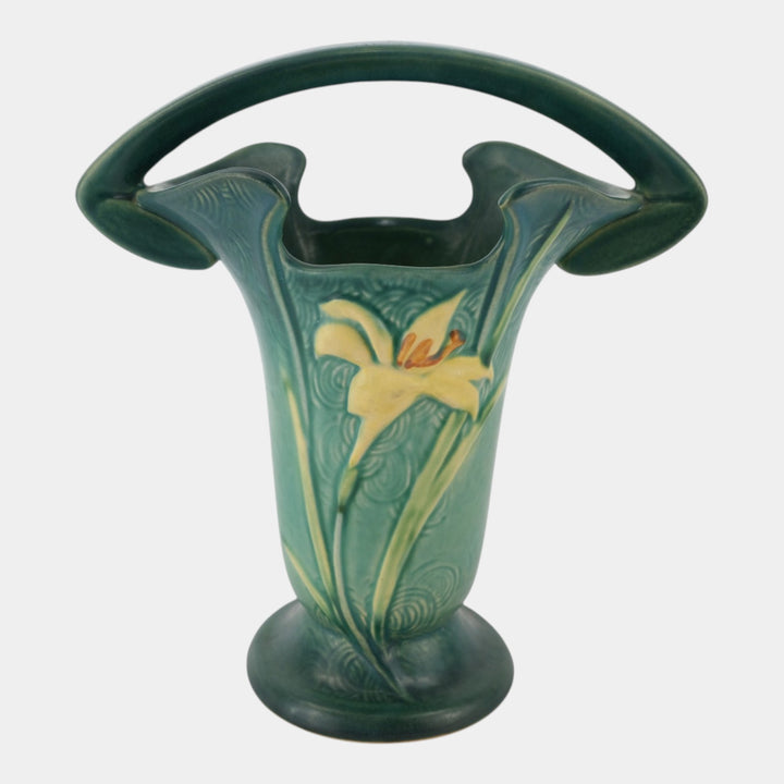 Roseville Zephyr Lily Green 1946 Mid Century Modern Pottery Basket 395-10 - Just Art Pottery