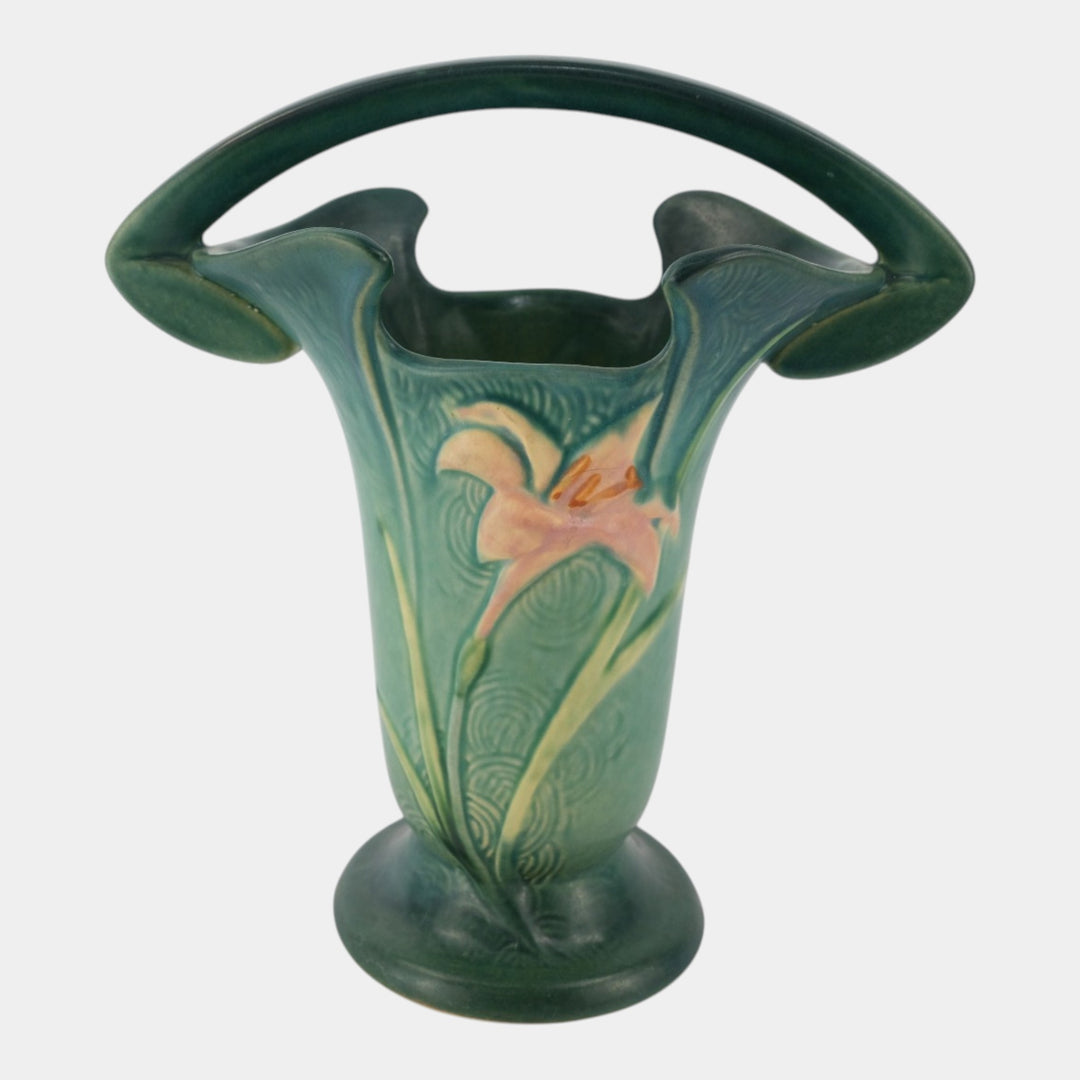 Roseville Zephyr Lily Green 1946 Mid Century Modern Pottery Basket 395-10 - Just Art Pottery