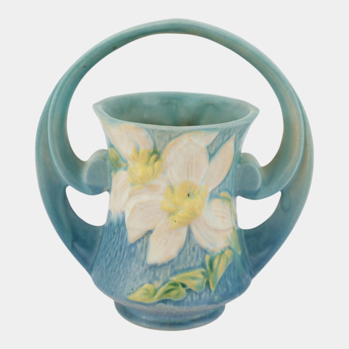 Roseville Clematis Blue 1944 Vintage Art Deco Pottery Ceramic Basket 387-7 - Just Art Pottery