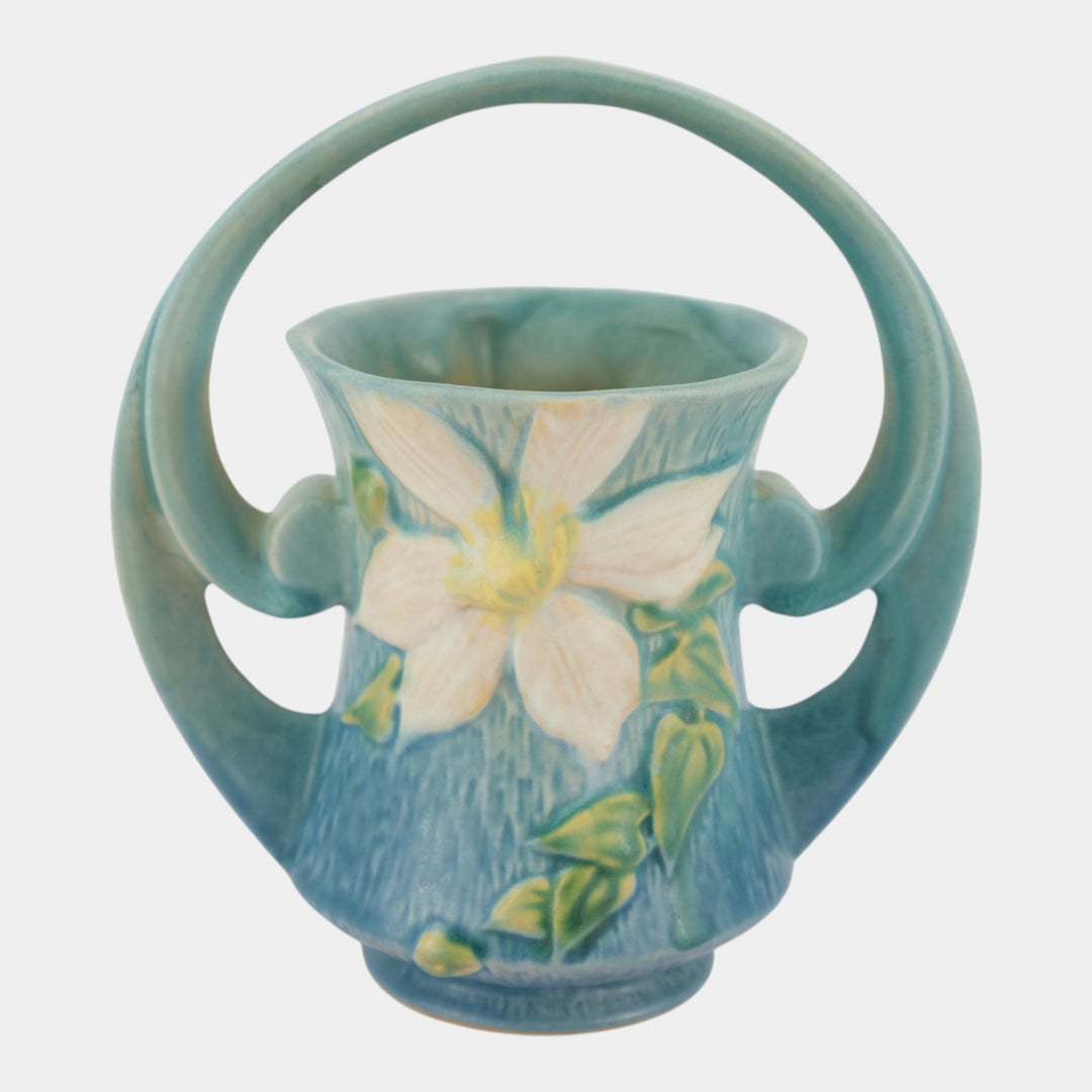 Roseville Clematis Blue 1944 Vintage Art Deco Pottery Ceramic Basket 387-7 - Just Art Pottery