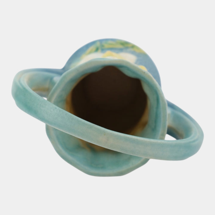 Roseville Clematis Blue 1944 Vintage Art Deco Pottery Ceramic Basket 387-7 - Just Art Pottery