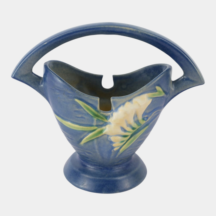 Roseville Freesia Blue 1945 Mid Century Modern Pottery Ceramic Basket 390-7 - Just Art Pottery