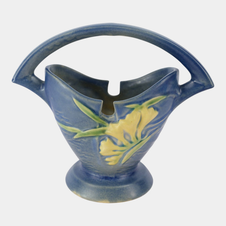 Roseville Freesia Blue 1945 Mid Century Modern Pottery Ceramic Basket 390-7 - Just Art Pottery