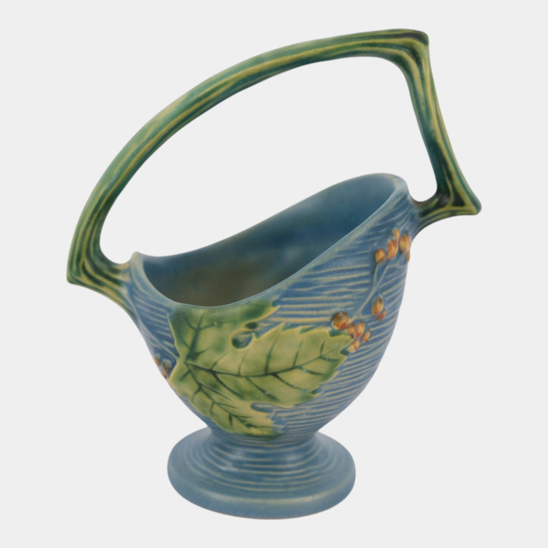 Roseville Bushberry Blue 1941 Vintage Art Pottery Ceramic Basket 369-6 - Just Art Pottery