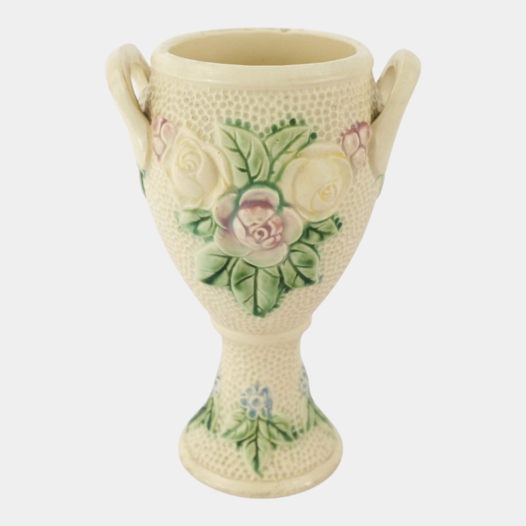 Roseville Rozane 1917 Vintage Art Pottery Ivory Floral Double Handle Urn Vase - Just Art Pottery