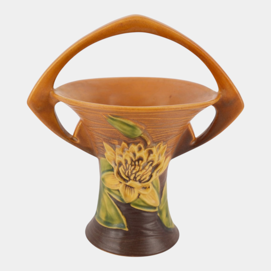 Roseville Water Lily Brown 1943 Vintage Art Pottery Ceramic Basket 380-8 - Just Art Pottery
