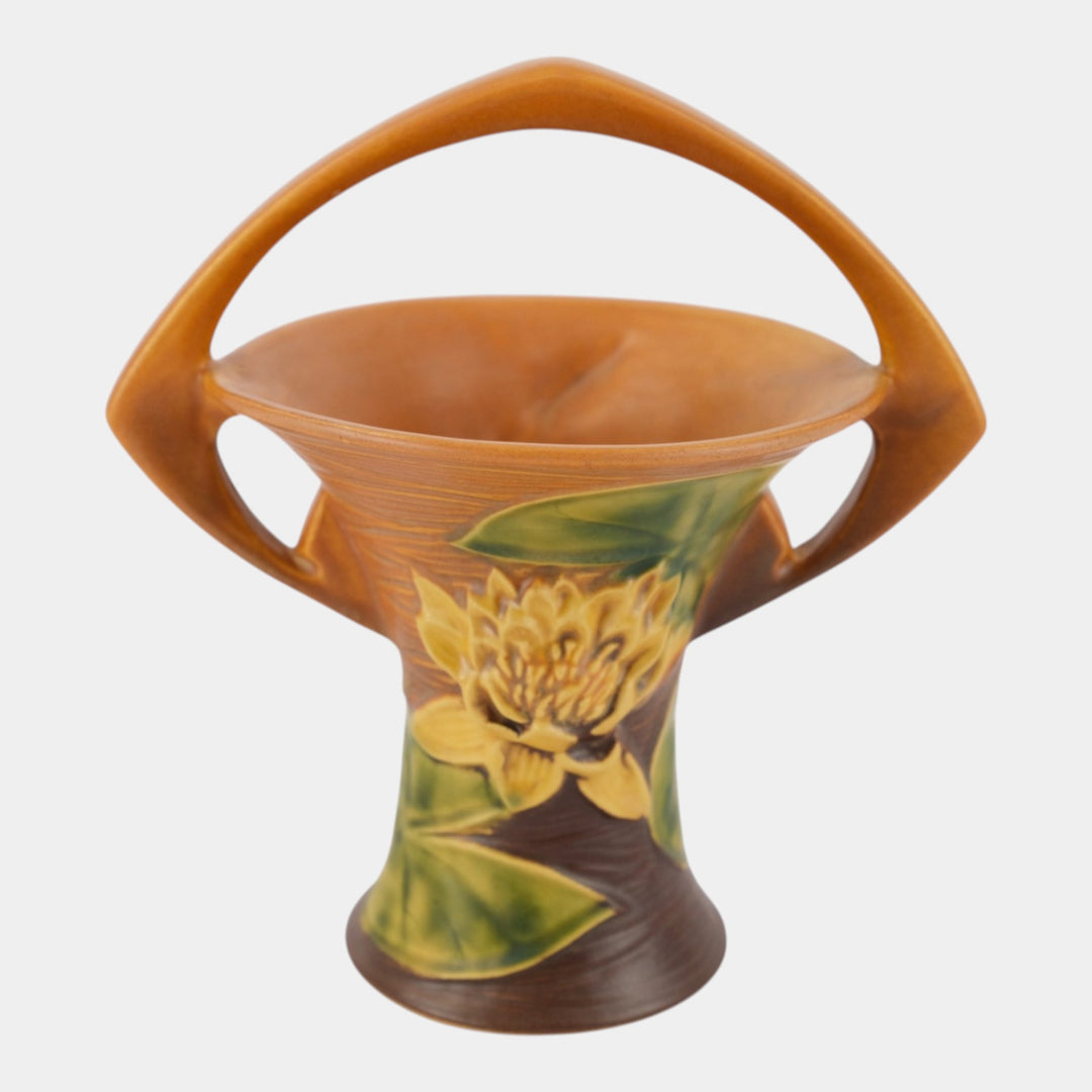 Roseville Water Lily Brown 1943 Vintage Art Pottery Ceramic Basket 380-8 - Just Art Pottery