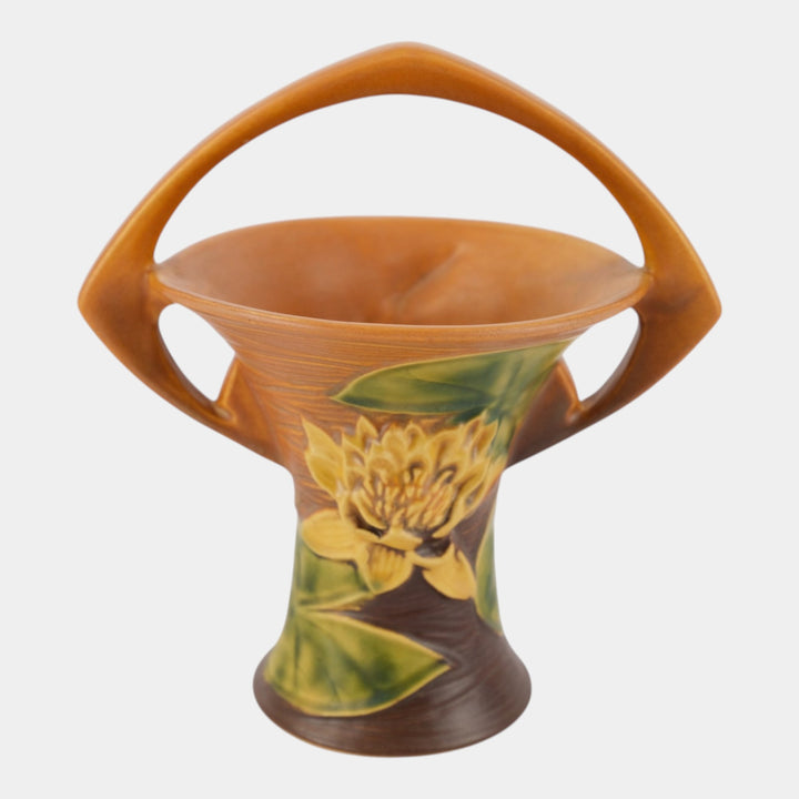 Roseville Water Lily Brown 1943 Vintage Art Pottery Ceramic Basket 380-8 - Just Art Pottery