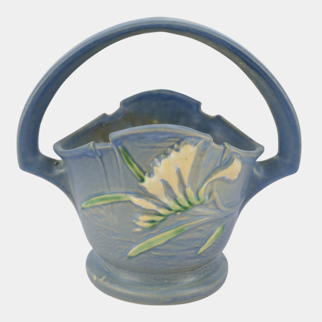 Roseville Freesia Blue 1945 Vintage Art Pottery Ceramic Basket 391-8 - Just Art Pottery
