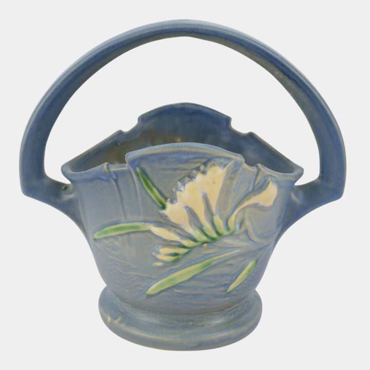 Roseville Freesia Blue 1945 Vintage Art Pottery Ceramic Basket 391-8 - Just Art Pottery