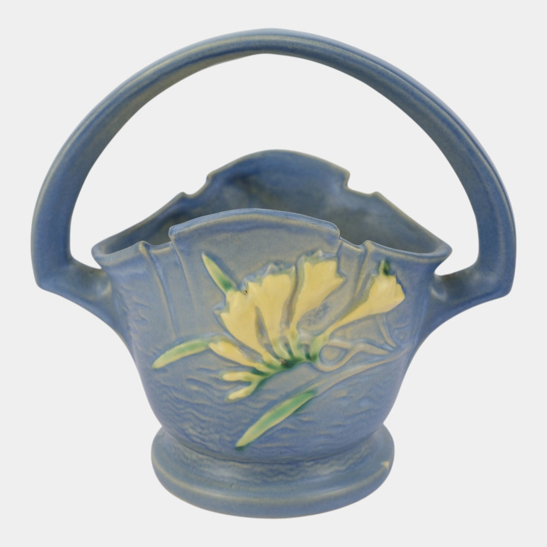 Roseville Freesia Blue 1945 Vintage Art Pottery Ceramic Basket 391-8 - Just Art Pottery