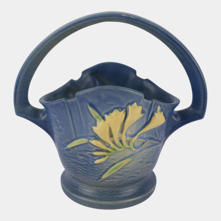 Roseville Freesia Blue 1945 Vintage Art Pottery Ceramic Basket 391-8 - Just Art Pottery