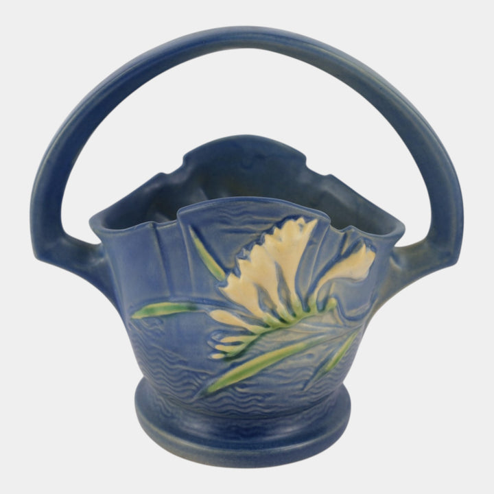 Roseville Freesia Blue 1945 Vintage Art Pottery Ceramic Basket 391-8 - Just Art Pottery