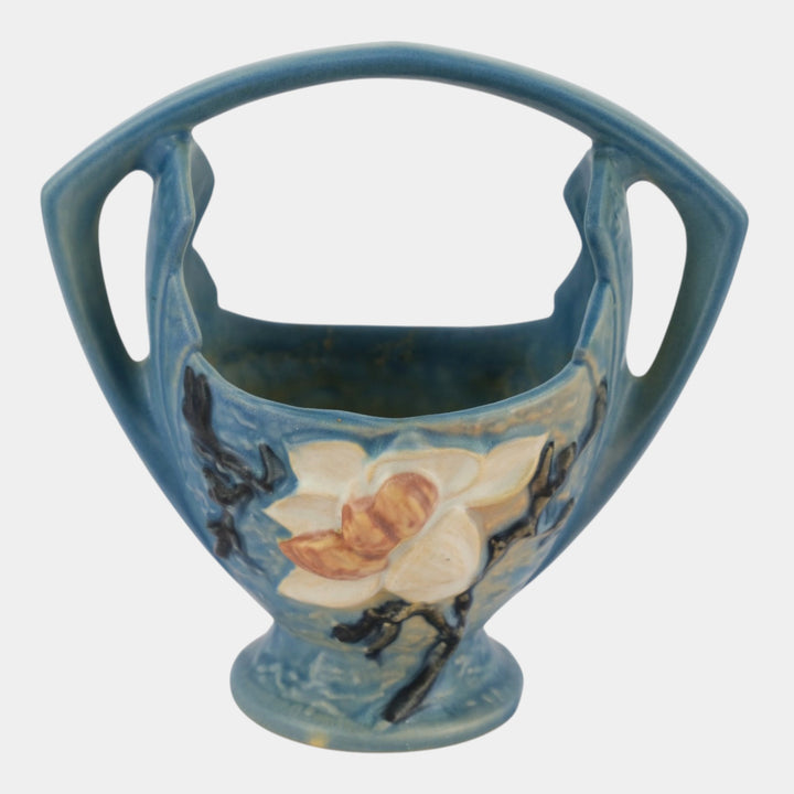 Roseville Magnolia Blue 1943 Mid Century Modern Pottery Ceramic Basket 383-7 - Just Art Pottery