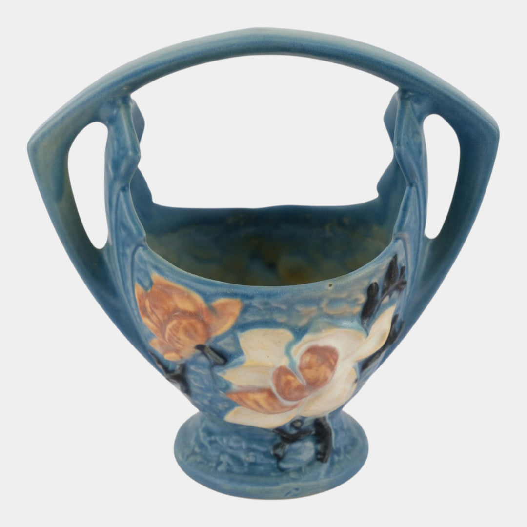 Roseville Magnolia Blue 1943 Mid Century Modern Pottery Ceramic Basket 383-7 - Just Art Pottery