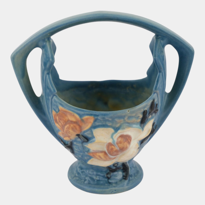 Roseville Magnolia Blue 1943 Mid Century Modern Pottery Ceramic Basket 383-7 - Just Art Pottery