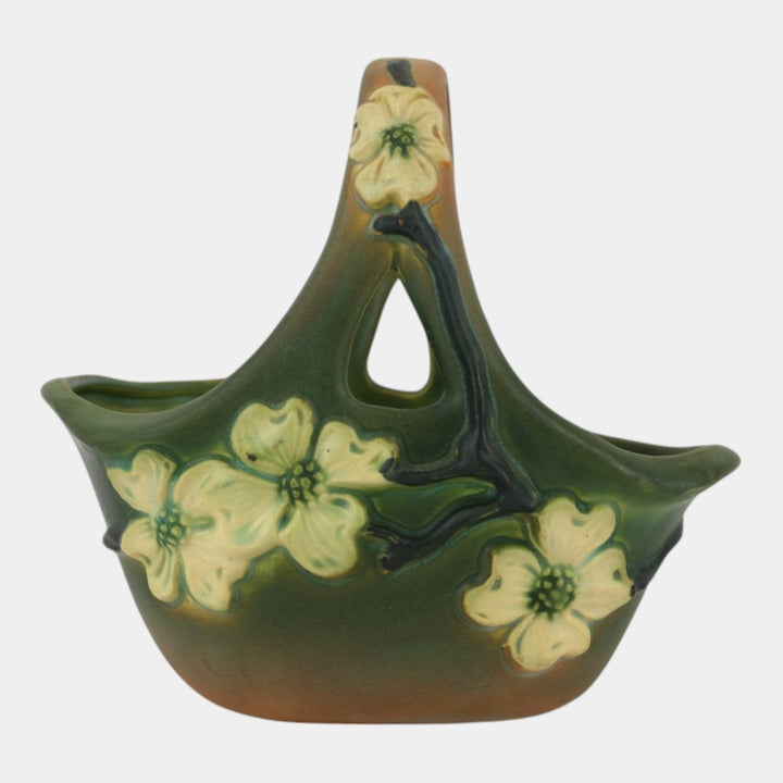 Roseville Dogwood Smooth Green 1920 Vintage Art Pottery Ceramic Basket