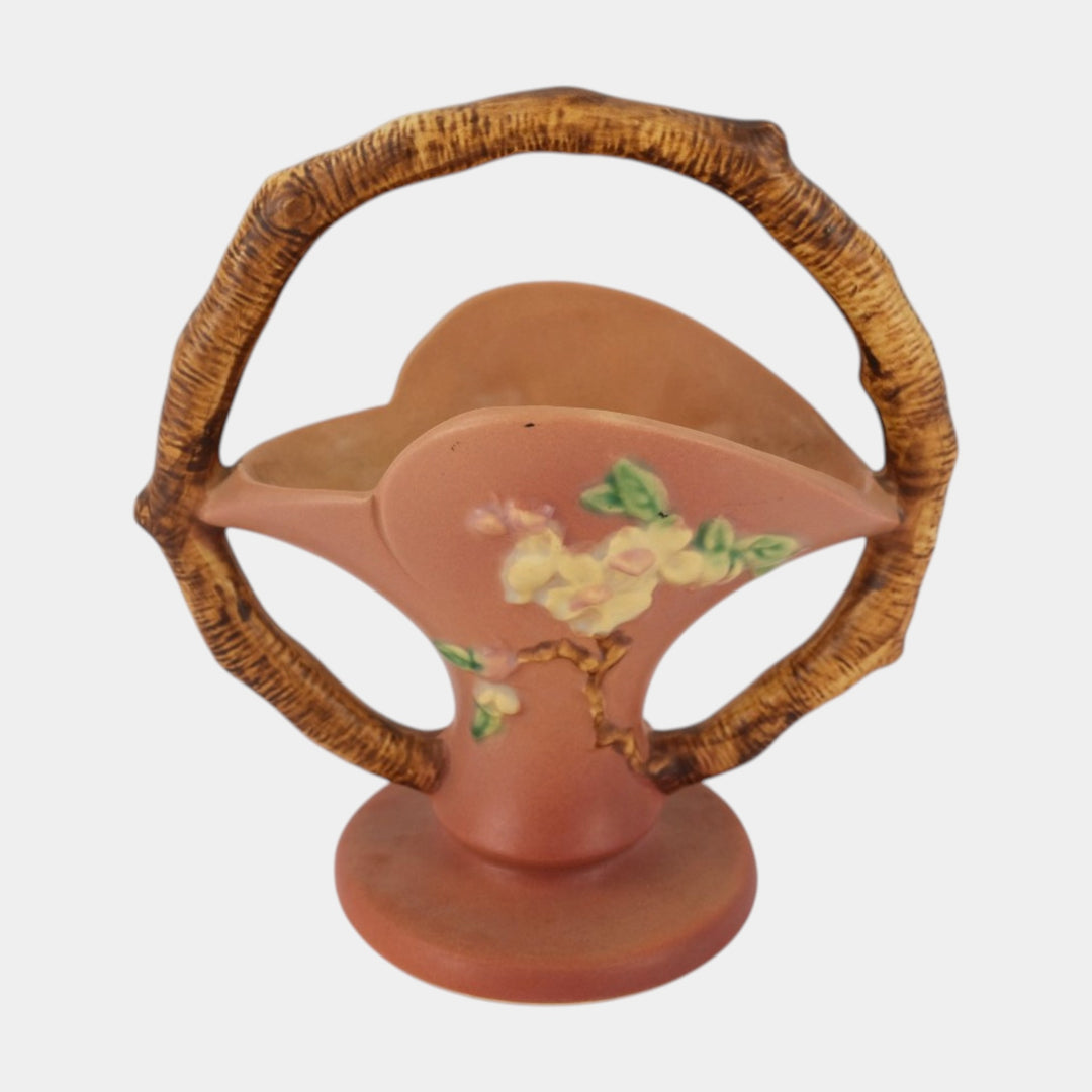 Roseville Apple Blossom Pink 1949 Vintage Art Pottery Ceramic Basket 309-8 - Just Art Pottery