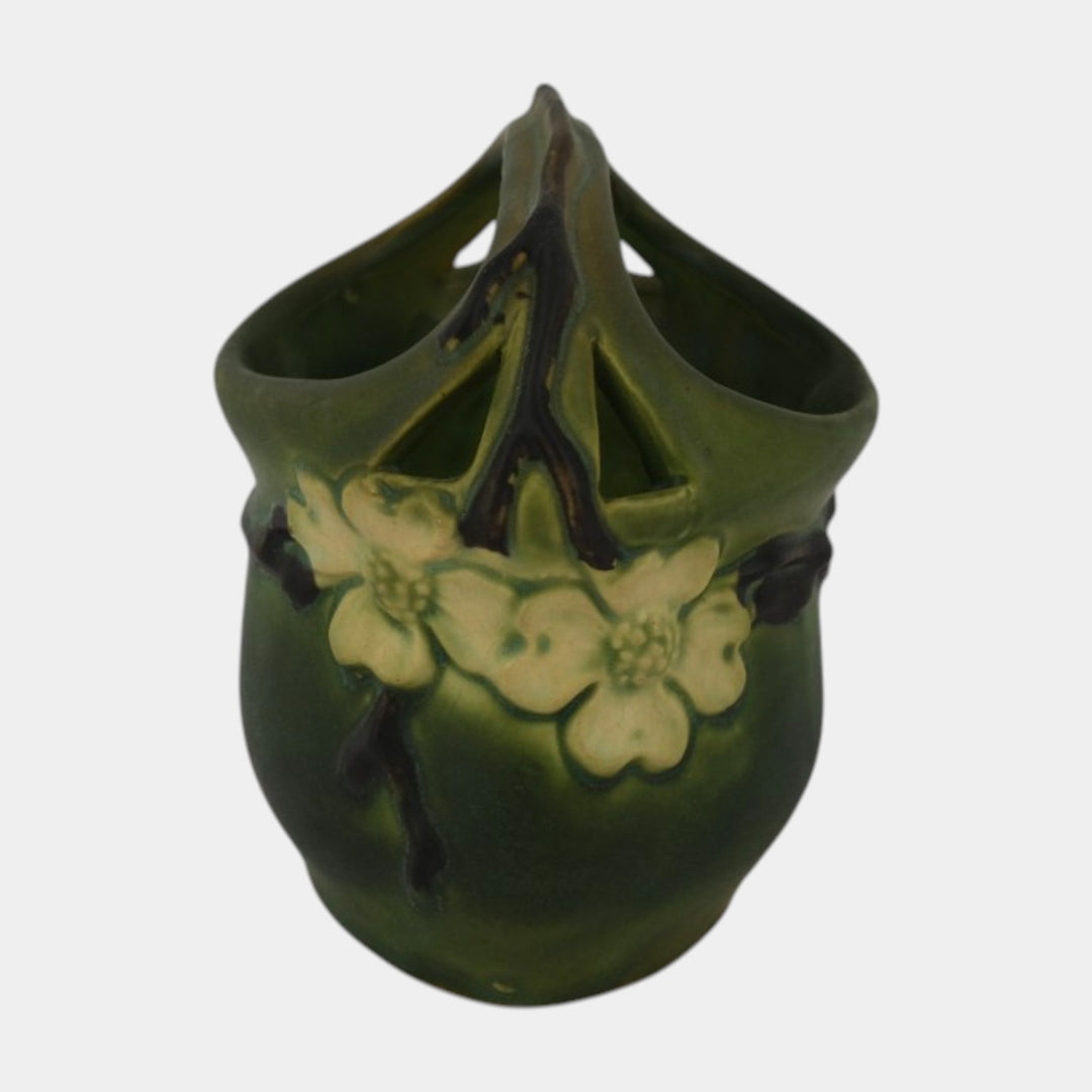 Roseville Dogwood Smooth Green 1920 Vintage Art Pottery Ceramic Basket