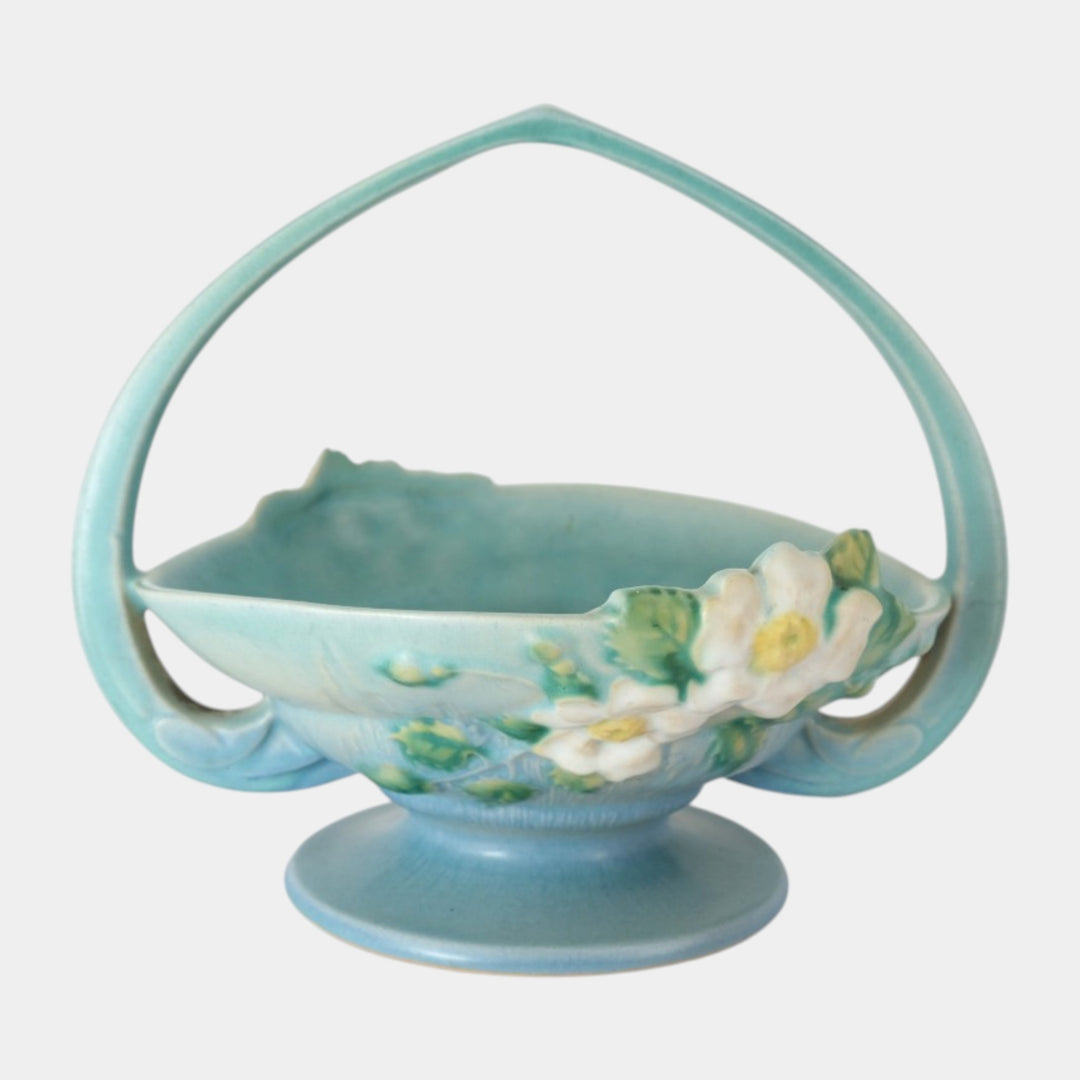Roseville White Rose Blue 1940 Mid Century Modern Pottery Ceramic Basket 362-8