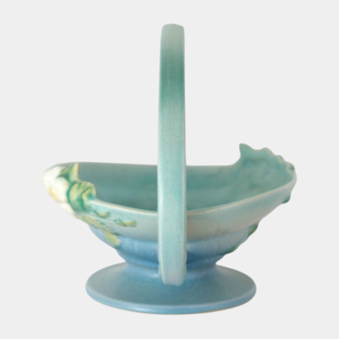 Roseville White Rose Blue 1940 Mid Century Modern Pottery Ceramic Basket 362-8