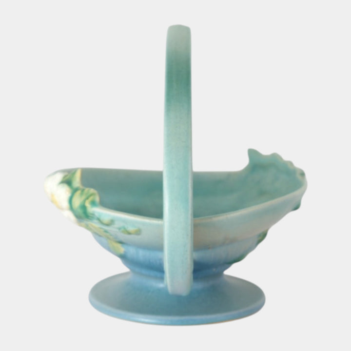 Roseville White Rose Blue 1940 Mid Century Modern Pottery Ceramic Basket 362-8
