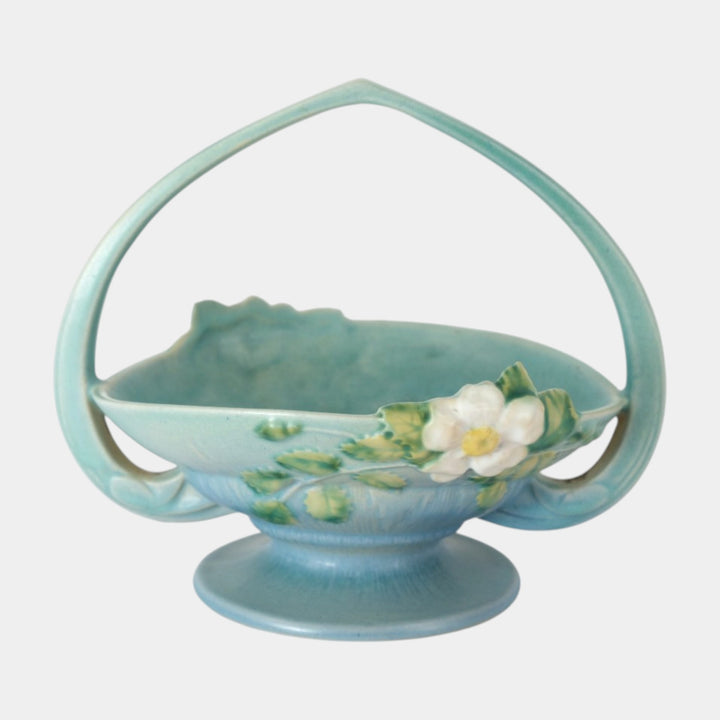 Roseville White Rose Blue 1940 Mid Century Modern Pottery Ceramic Basket 362-8