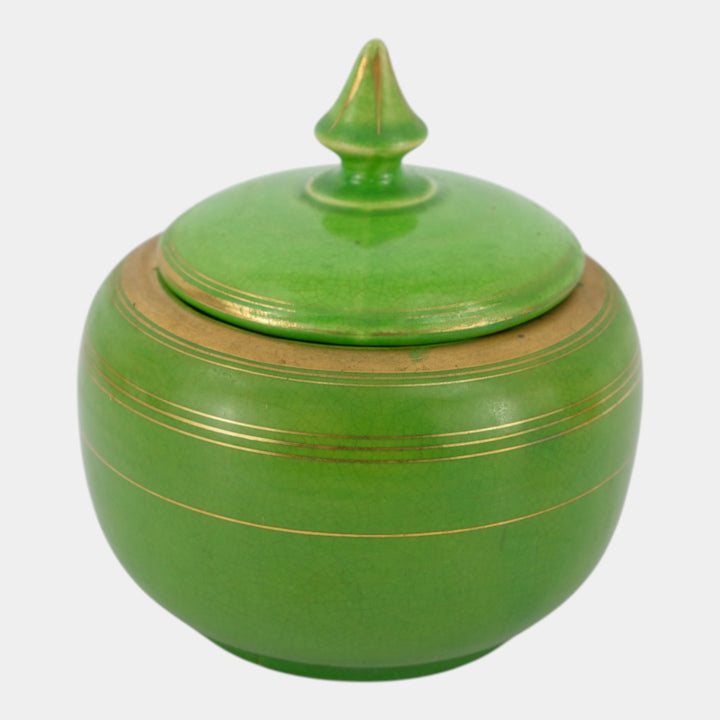 Weller 1920s Art Pottery Green Gold Accented Ceramic Lidded Dresser Powder Jar