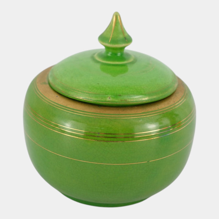 Weller 1920s Art Pottery Green Gold Accented Ceramic Lidded Dresser Powder Jar