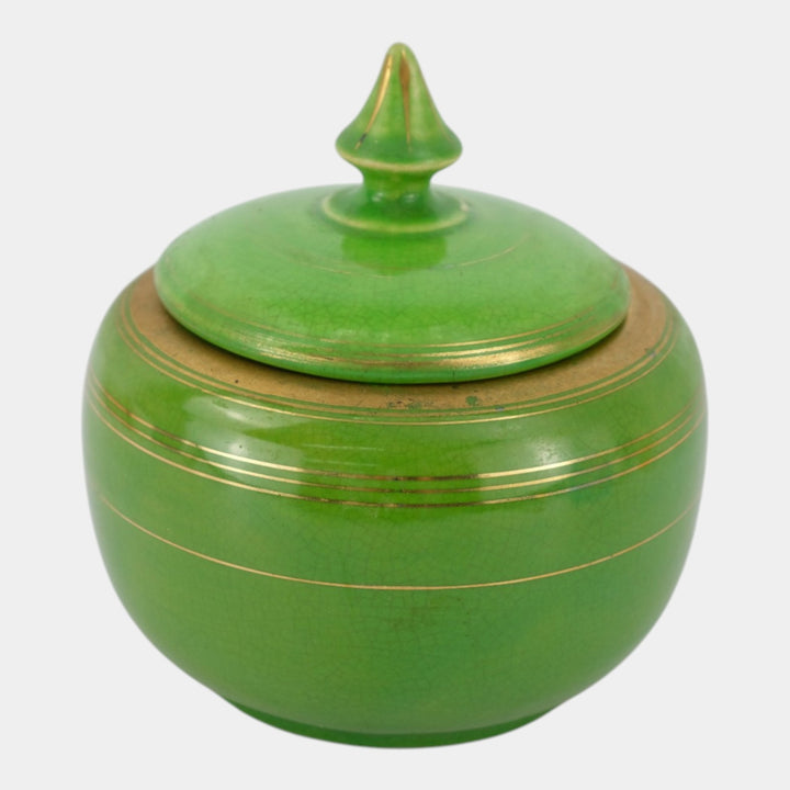Weller 1920s Art Pottery Green Gold Accented Ceramic Lidded Dresser Powder Jar