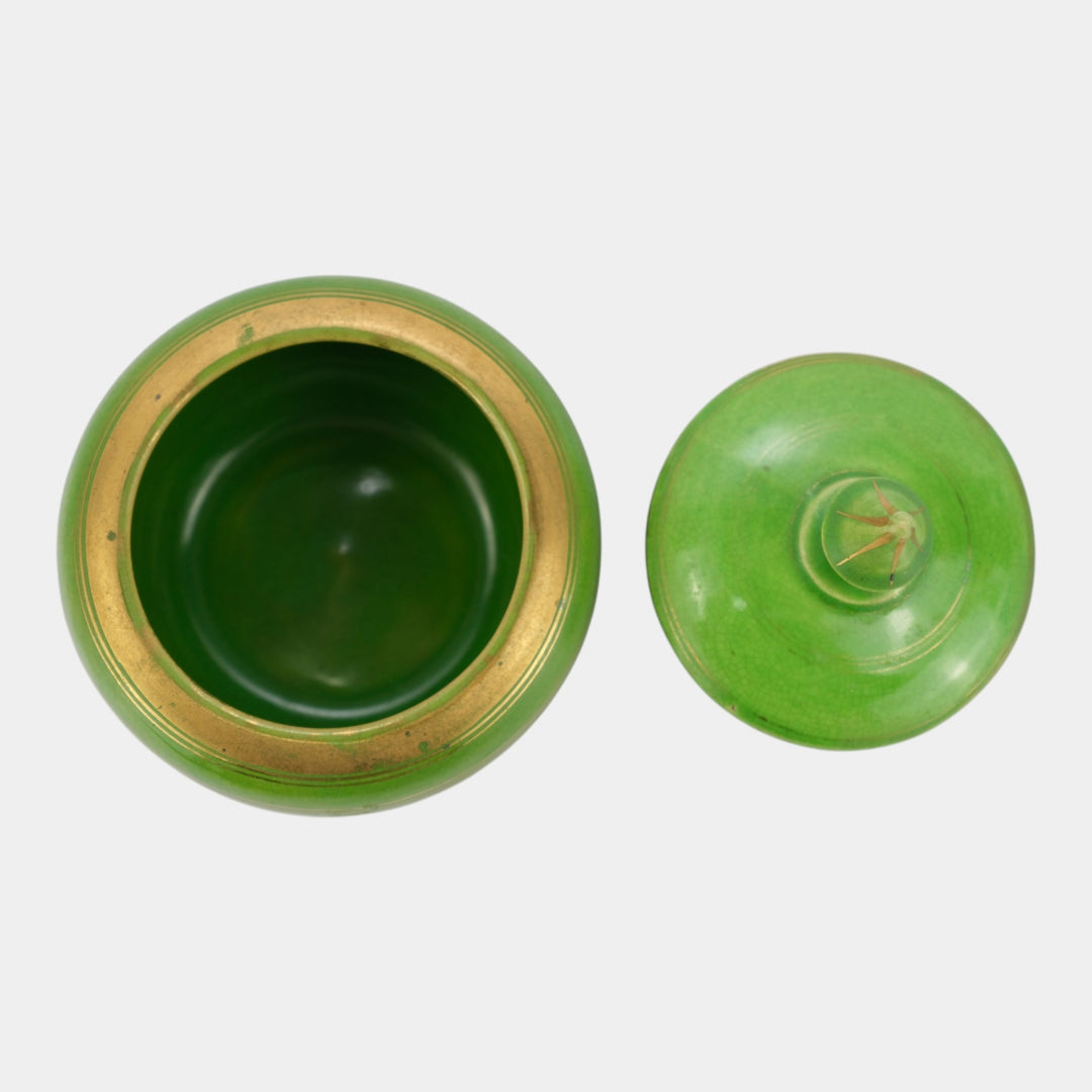 Weller 1920s Art Pottery Green Gold Accented Ceramic Lidded Dresser Powder Jar