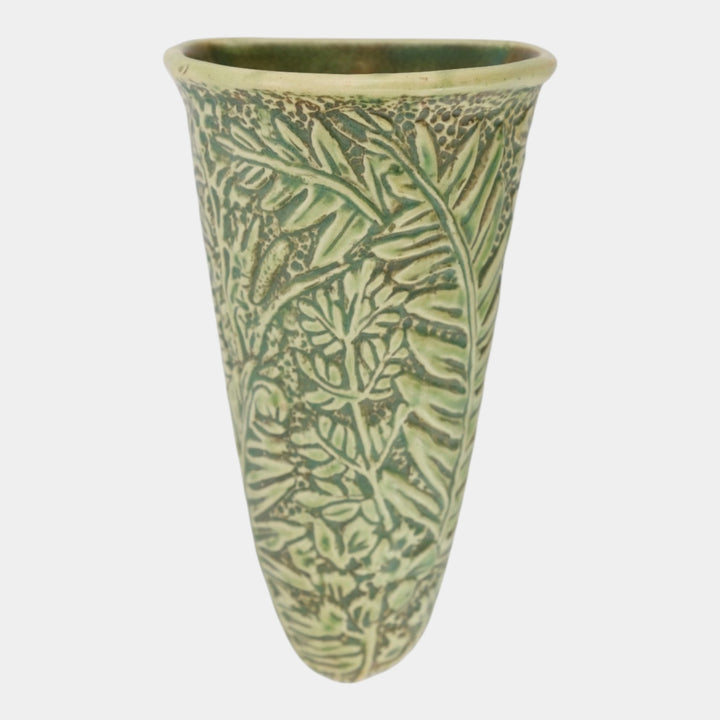 Weller Marvo 1920s Art Deco Pottery Green Tropical Foliage Wall Pocket