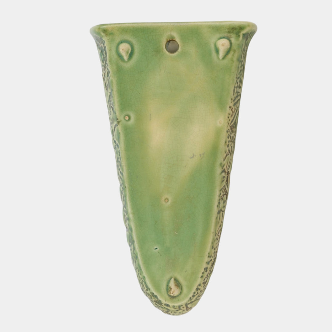 Weller Marvo 1920s Art Deco Pottery Green Tropical Foliage Wall Pocket