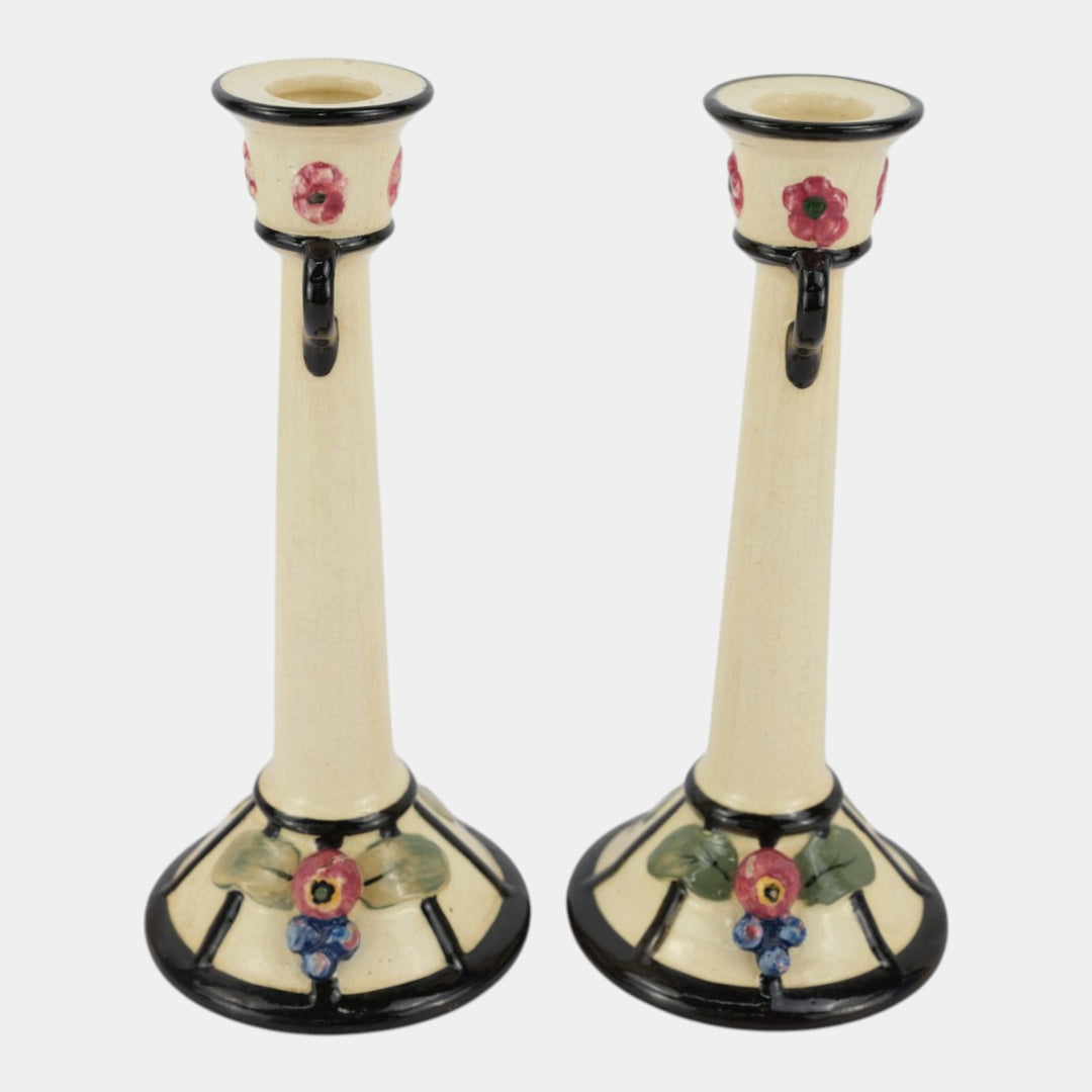 Weller Noval 1920s Art Pottery White Fruit Flower Decorated Candle Holders