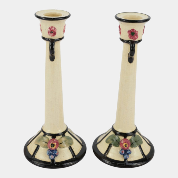 Weller Noval 1920s Art Pottery White Fruit Flower Decorated Candle Holders