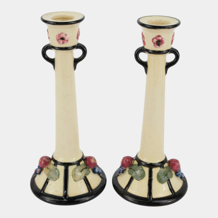 Weller Noval 1920s Art Pottery White Fruit Flower Decorated Candle Holders