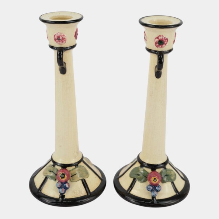 Weller Noval 1920s Art Pottery White Fruit Flower Decorated Candle Holders