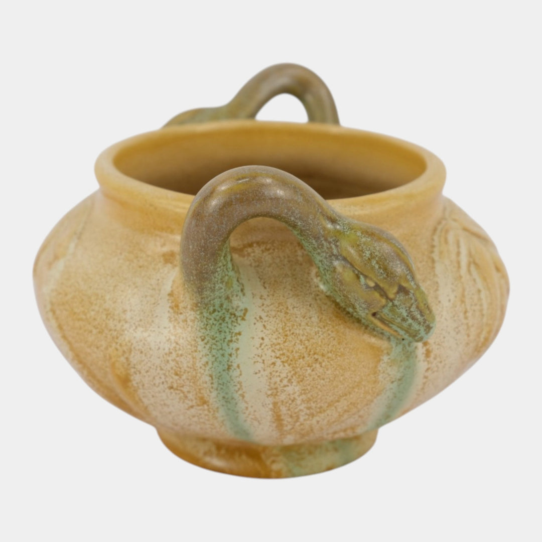 Weller Patricia 1930s Vintage Art Pottery Tan Duck Swan Handled Ceramic Vase