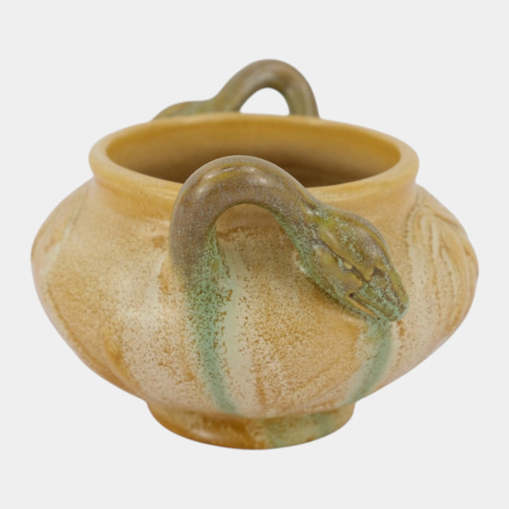 Weller Patricia 1930s Vintage Art Pottery Tan Duck Swan Handled Ceramic Vase