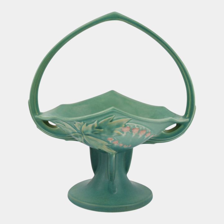 Roseville Bleeding Heart Green1940 Vintage Art Deco Pottery Basket 361-12