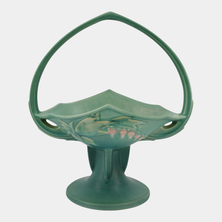 Roseville Bleeding Heart Green1940 Vintage Art Deco Pottery Basket 361-12