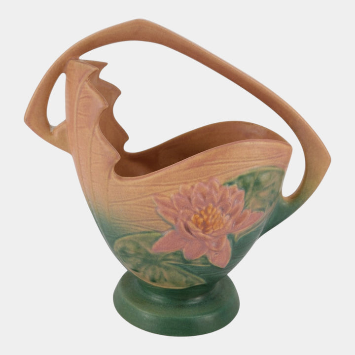 Roseville Water Lily Pink1943 Vintage Art Deco Pottery Ceramic Basket 382-12