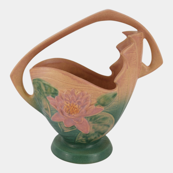 Roseville Water Lily Pink1943 Vintage Art Deco Pottery Ceramic Basket 382-12