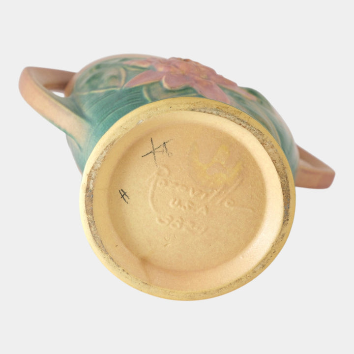 Roseville Water Lily Pink1943 Vintage Art Deco Pottery Ceramic Basket 382-12