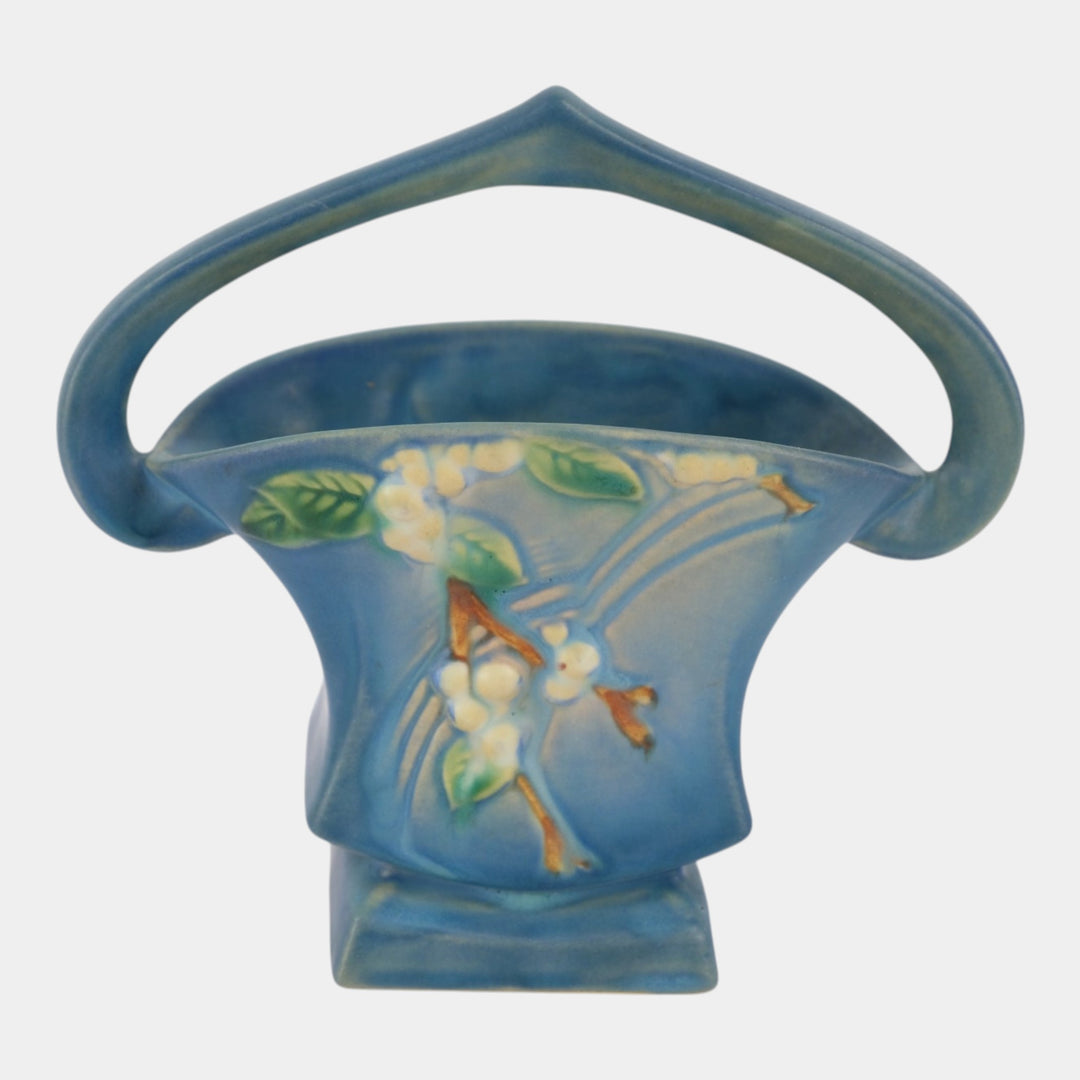 Roseville Snowberry Blue 1947 Mid Century Modern Pottery Ceramic Basket 1BK-7 - Just Art Pottery