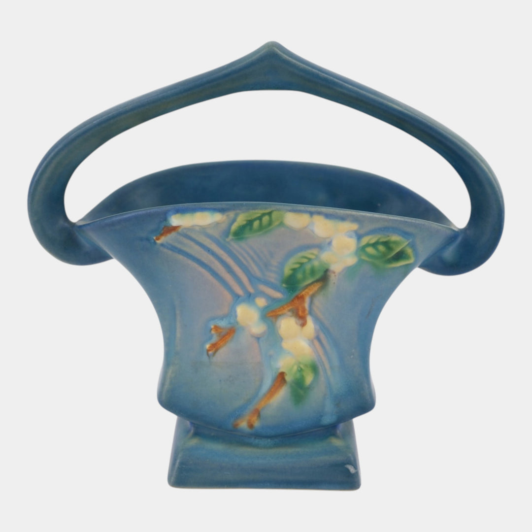Roseville Snowberry Blue 1947 Mid Century Modern Pottery Ceramic Basket 1BK-7 - Just Art Pottery