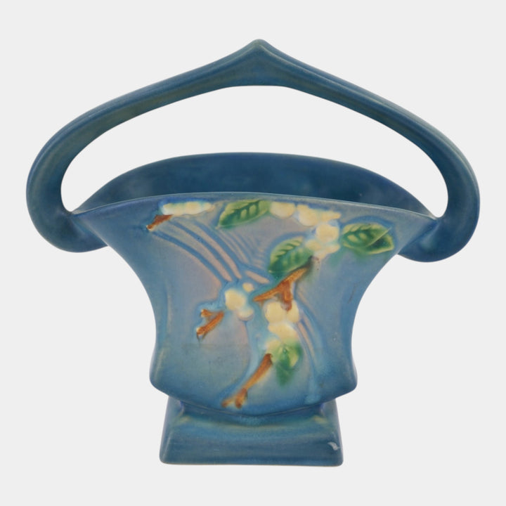 Roseville Snowberry Blue 1947 Mid Century Modern Pottery Ceramic Basket 1BK-7 - Just Art Pottery